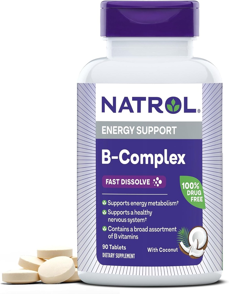 Natrol, B- Complex szybko rozpuszczalne tabletki, suplement promuje energię & wspomaga zdrowy system nerwowy, 90