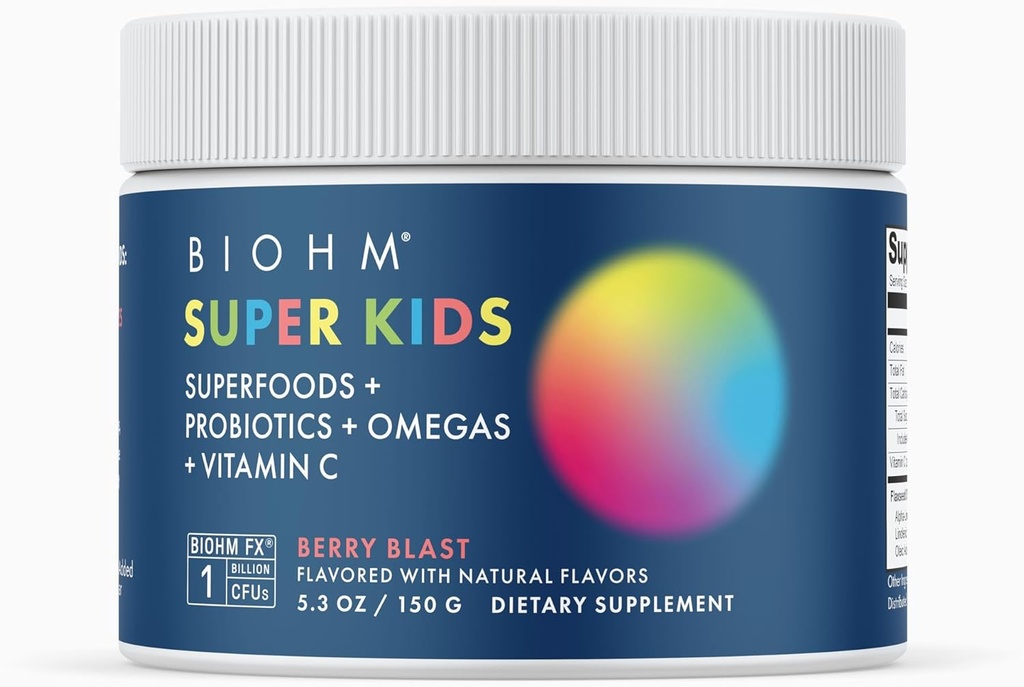 BiOHM Super dzieci Superfood Proszek Plus Probiotyki, (5.3 Oz, 30 Służenia) Pyszne Berry Blast, Przeciwutleniacze, Omega 3 & Witamina C, Non-GMO, Wolny od mleka, Brak sztucznych składników, Wegetarianin, Wiek 4 +