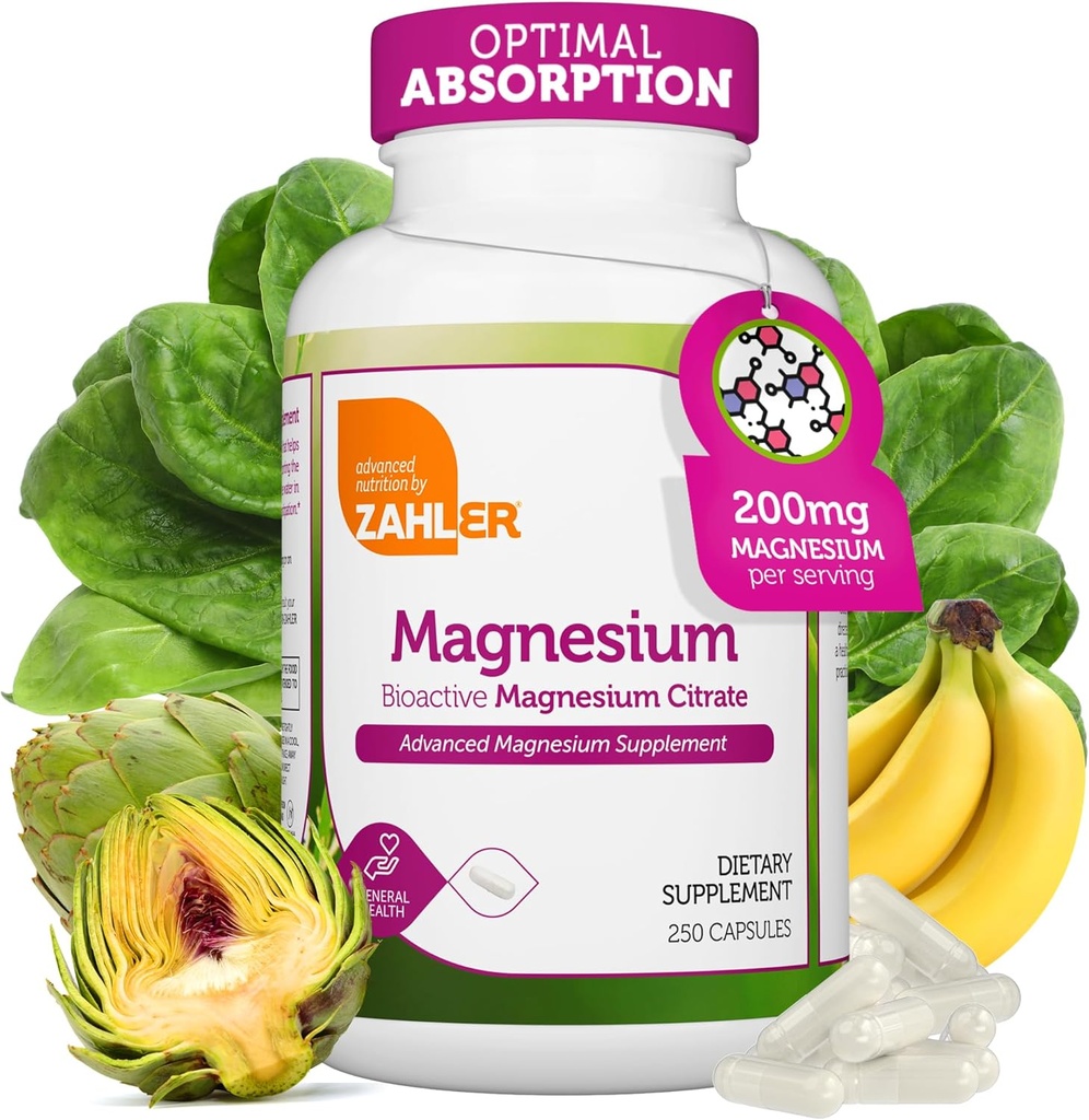 Zahler - Magnezu Suplement Kapsułki 200 mg (250 Count) Certyfikowany Kosher Bioaktywny Magnezu Cytrynian dla Max Wchłanianie - Natural Magnezu Mineral dla mężczyzn i kobiet - Najlepsze suplementy magnezu