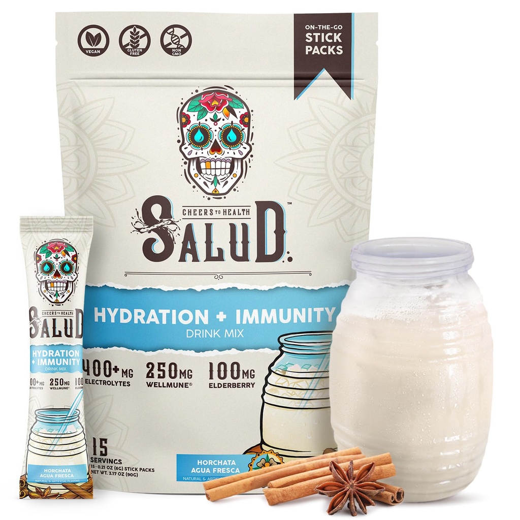Salud 2- in-1 Pakiety nawadniające + Immunitet Electrolytes Powder, Horchata - Agua Fresca Drink Mix, Elderberry, Dairy & Soy Free, Non-GMO, Gluten Free, Wegan, Low Calorie, 1 g Sugar (15 Servings)