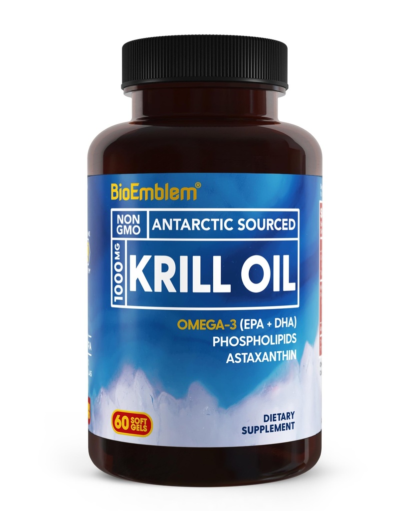 BioEmblem Antarktyka Oil Supplement Equipment 124; 1000mg Equipment 124; Omega-3 Oil with High Levels of EPA + DHA, Astaksantyna, and Phosfolipids Equipment 124; No Fishy Aftersmast Equipment 124; 60- Count Non-GMO Softgels