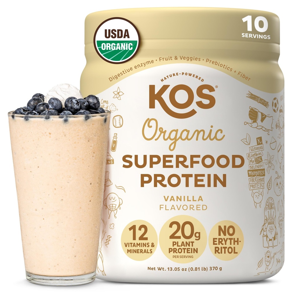 KOS Plant Protein Based Powder, Vanilla USDA Organic - Niskie mieszanka białka grochu, Wegan Superfood bogaty w witaminy i minerały - Keto, Soy, Dairy Free - Meal Replacement for Women & Men - 10 Servings