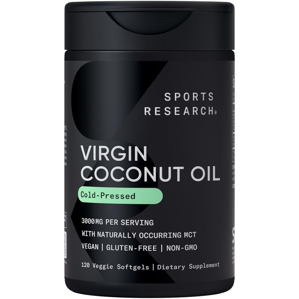 Sports Research ® Organic Coconut Oil Kapsułki 3000MG - Cold Pressed Extra Virgin Oil kokosowy ze średnimi triglicerydami łańcucha (MCTs) - Wegan Friendly & Non-GMO Zweryfikowane - 120 Softgels