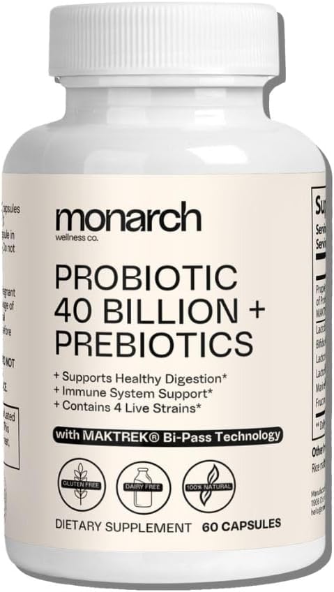 Probiotyczne 40 Miliard + Prebiotyki: 4 Różnorodne Cieśniny - Digestive & Gut Health (60 Kapsułek) - Probiotyki dla kobiet i mężczyzn - Naturalne Bilans 124; Gut Health & Immune Supplement Supplement Divestive 124; Zapewnia wsparcie pokarmowe