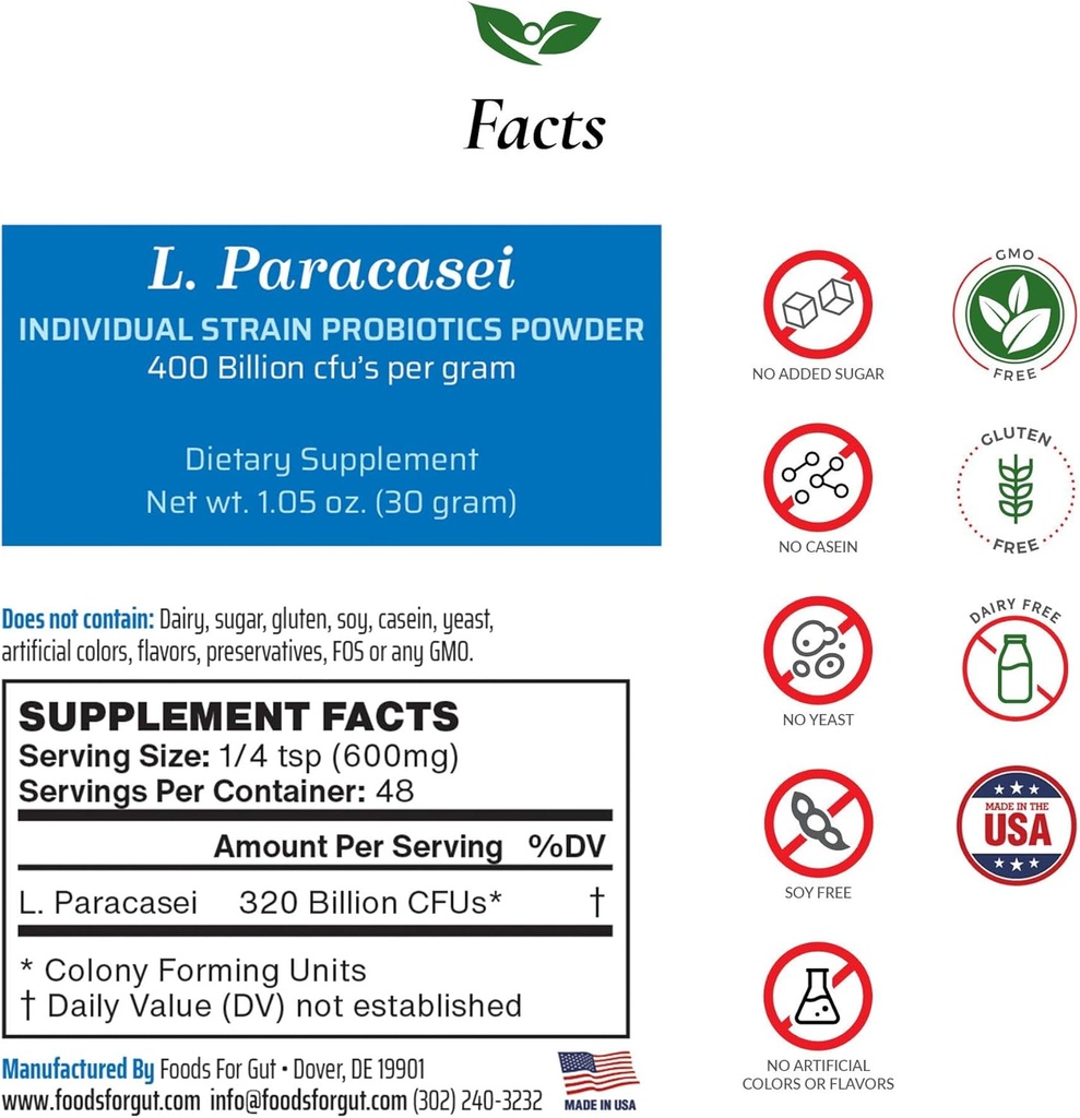 Lactobacillus Paracasei Probiotic Powder 400 Billion cfu 's XI124; Made in USA XI124; No Additives XI124; Direct from Manufacturer XI4; No Third- Party Storage XI124; Immune Support XI124; L. Paracasei XI124; 30 Grams (1.05 Oz)