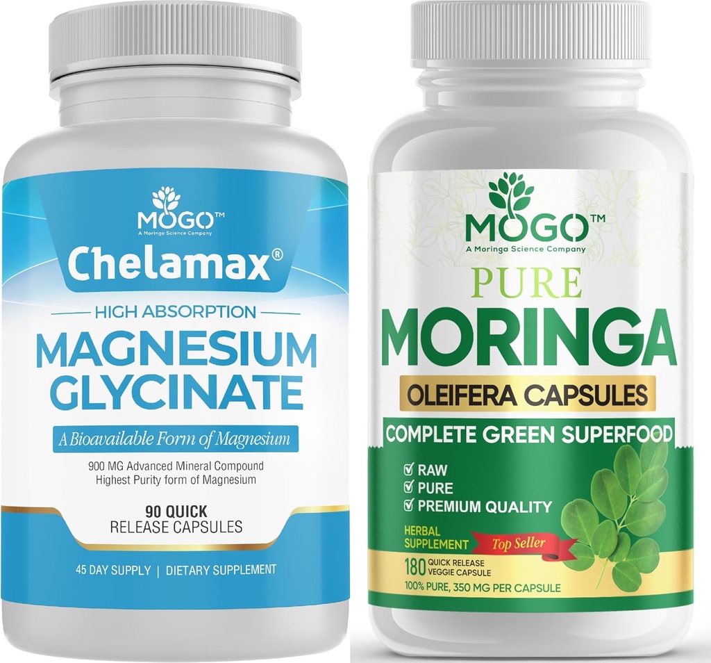 MOGO Czysty glicynian magnezu i kapsułki Moringa - Superfood + Better Mineral