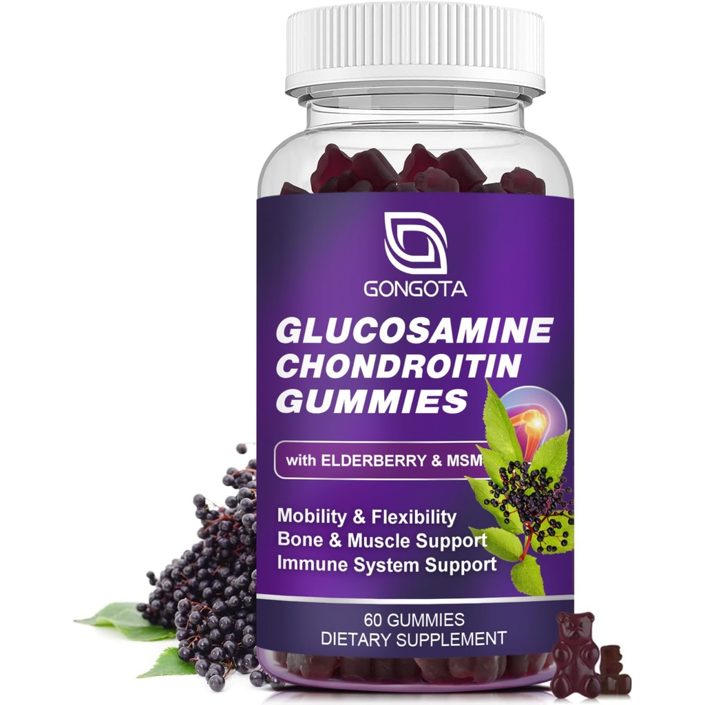 Glukozamina Gummies Chondroitin - 2- Pack, Dodatkowa moc 1500mg Glukozamina z MSM & Elderberry, Elastyczność Wsparcie, Najlepsza chrząstka i suplement immunologiczny dla mężczyzn i kobiet - 60count (1 Pack)