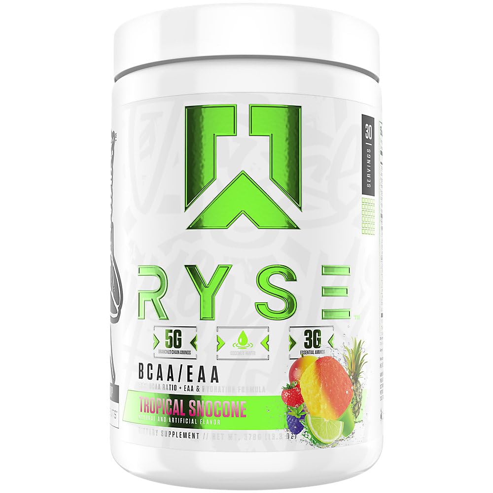 RYSE BCAA EAA Proszek - Tropikalny Snocone - 5g Acidy rozgałęzione Amino, 3g Amino zasadnicze, Elektrolity bezcukrowe do odzyskiwania mięśni, Wytrzymałość, Nawadnianie i Siła - 30 Służenia