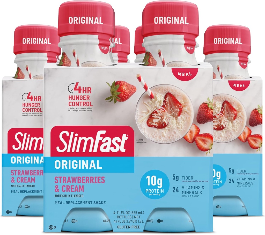 SlimFast Meal Replacement Shake, Oryginalne truskawki i śmietanka, 10 g Gotowy do picia białka dla utraty wagi, 11 Fl. Oz Butelka, 4 Hrabia (Opakowanie po 3) (Opakowanie może Vary)