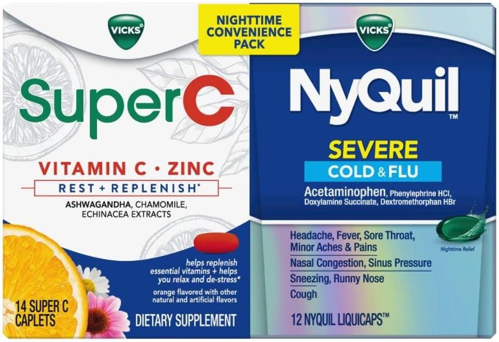 Vicks NyQuil i Super C Convenience Pack: NyQuil Ciężka Medycyna dla Max Siła Zimna i Flu Relief, Wygodnie Pakowane z Vicks Super C Rest i uzupełnienie Codzienne Suplement, 26ct
