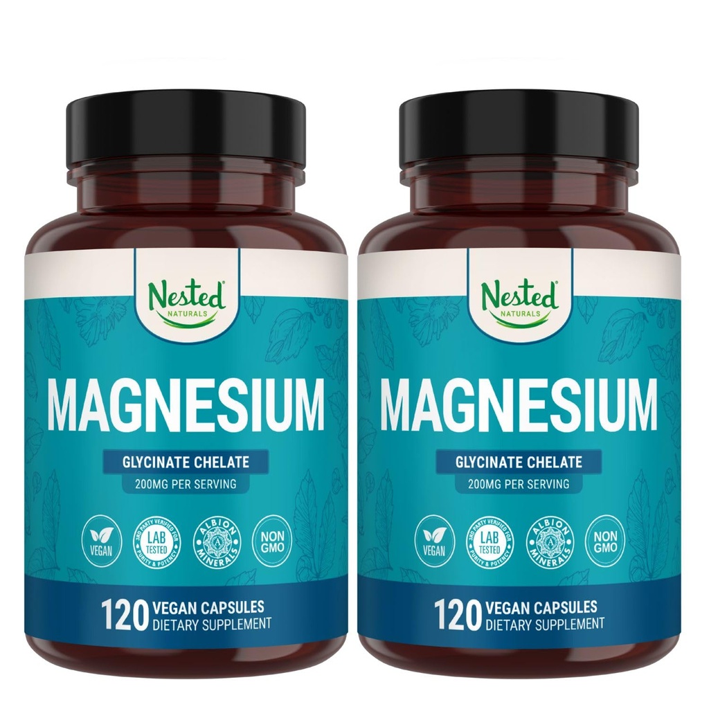 Nested Naturals Magnezu Glycinate Chelate - 200mg Chelated suplement magnezu do skurczów mięśni, Relaxation, & Sleep Support - 100% Albion TRACCS Buffed Magnezu Glycinate - 240 Kapsułki wegańskie