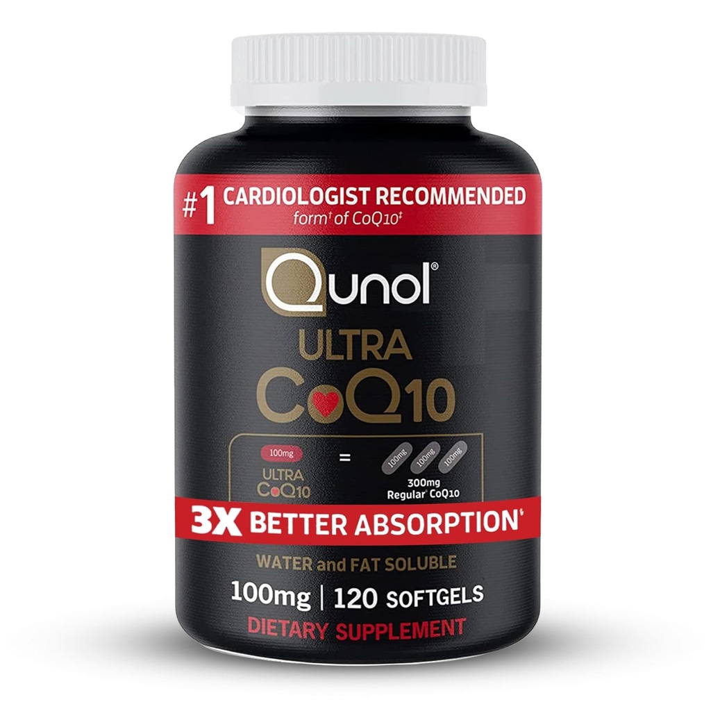 Qunol Ultra CoQ10 100mg, 3x Lepsza absorpcja, Opatentowana woda i tłuszcz Rozpuszczalny Naturalny Suplement Forma koenzymu Q10, Przeciwutleniacz do Zdrowia Serca, 120 Hrabia Softgels