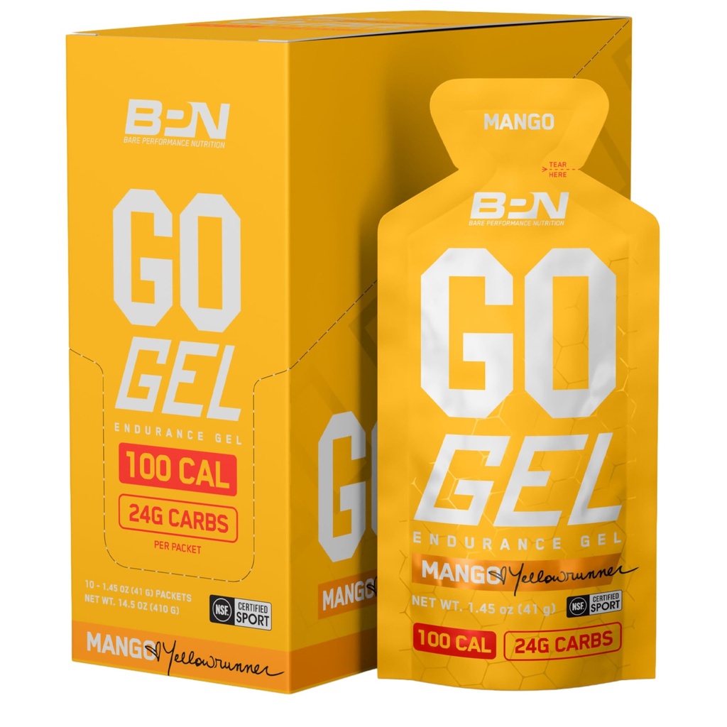 NALEŻY WYMAGAĆ BARE, BPN Go Gel Endurance, 24 g węglowodanów i 100 kalorii na opakowanie, Vegan + Gluten Free Running Gel, 10 opakowań jednorazowych, Mango