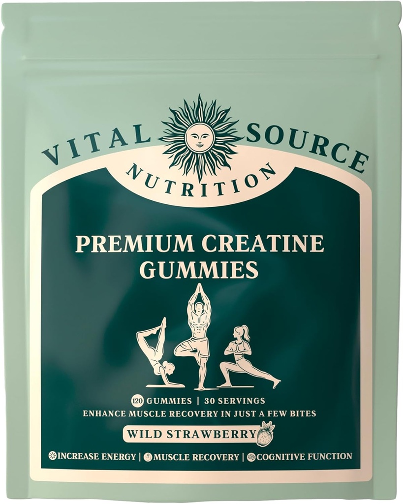 Vital Source Nutrition - Premium Gummies - Wzrost mięśni, Odzysk i Wsparcie energetyczne - 5g Monowodzian kreatyny - Wegan, Gluten- Free & Halal - Wild Truskawka - 120 Gummies - 30 Służenie