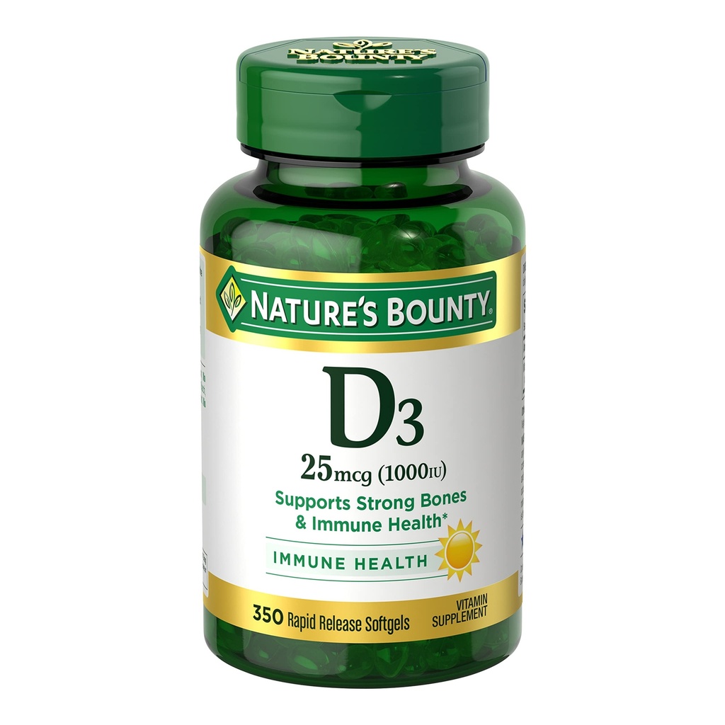Nature 's Bounty Witamina D3 1000 IU Softgels, Wsparcie immunologiczne, Promotes Healthy Bones, 1 Softgel dziennie, Gluten Free, 350 Count