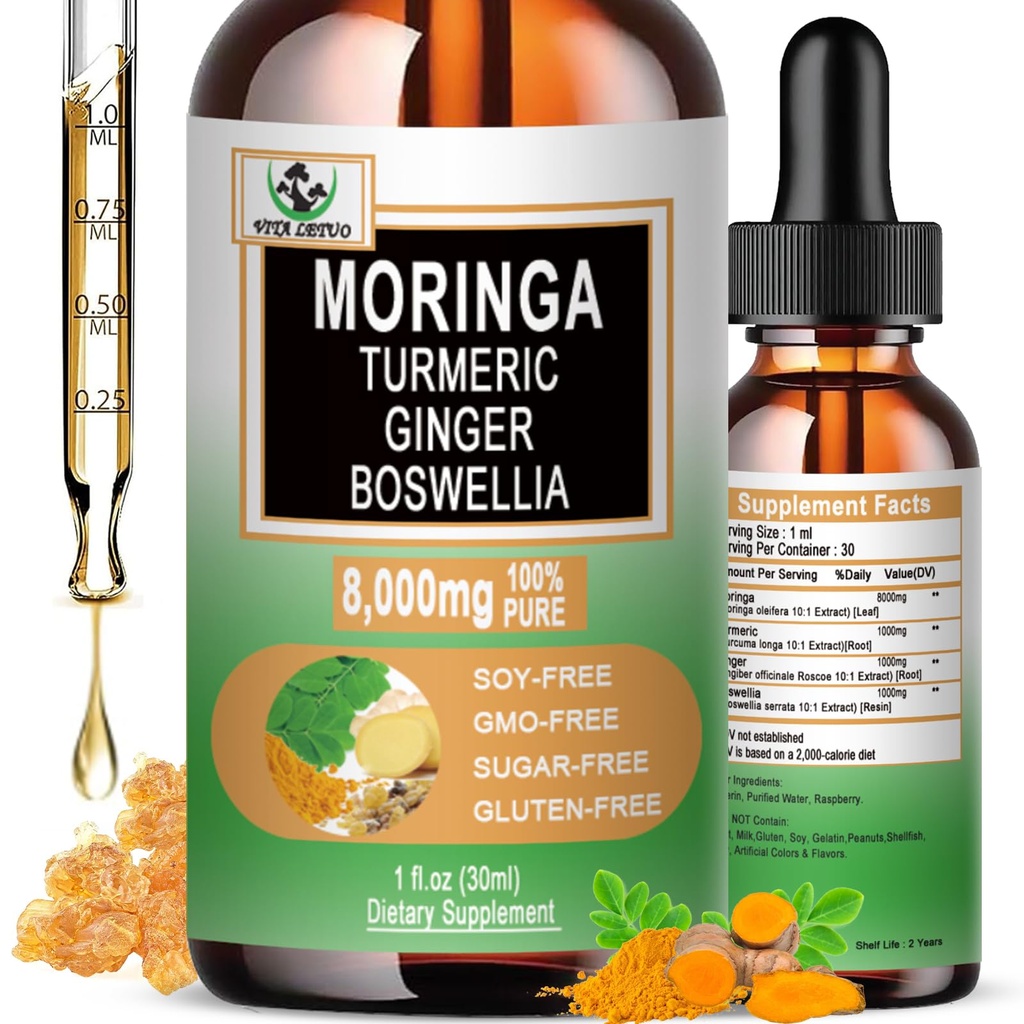 Moringa Drops - Organic Moringa Leaf Extract Liquid with Turmeric Ginger Boswellia for Energy, Skin Health, Gut Health - High Absorption Green Superfood w/Essential Vitamins & Amino Acids