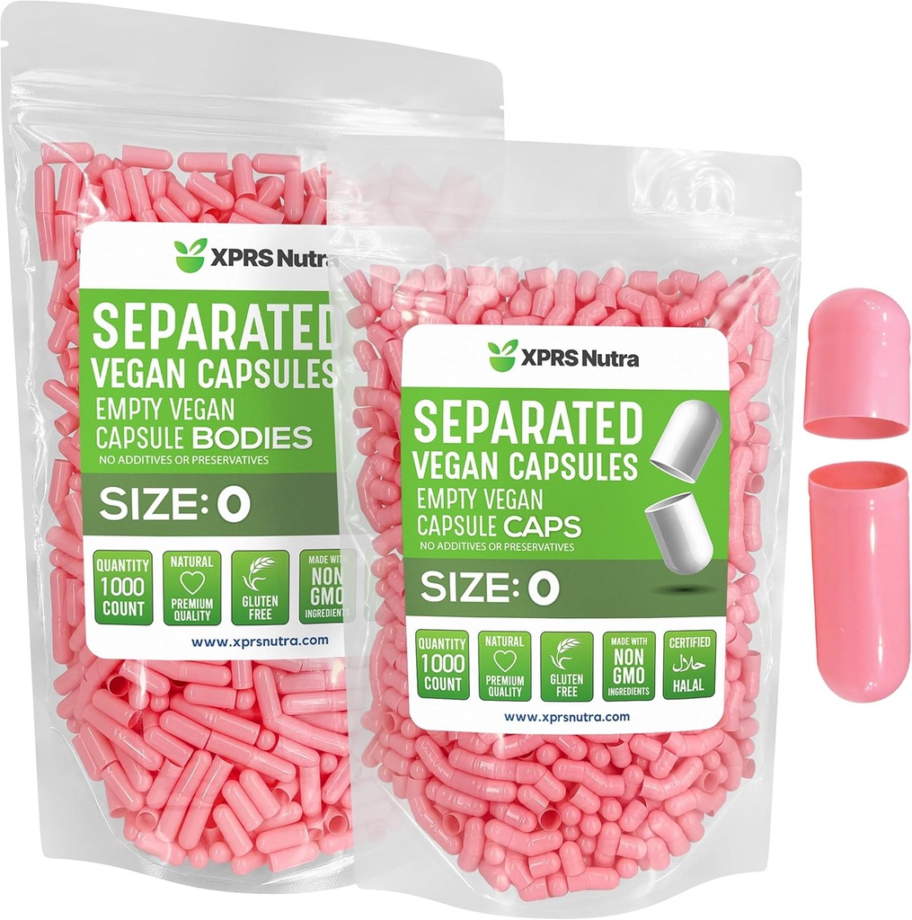 XPRS Nutra Vegan Rozmiar 0 Kapsułki oddzielone - 1000 Hrabia Premium Kapsułki puste Separowane w Torbach - 0 Tabletki do napełniania suplementu DIY (różowy)