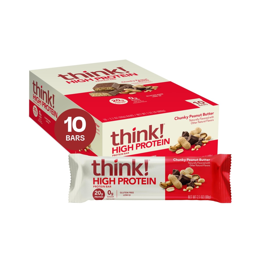 Myśl! Bary proteinowe, Przekąski wysokobiałkowe, Bezgluten, Przyjazny dla koszernych, Masło orzechowe Chunky, Bary odżywcze, 2.1 Oz per Bar, 10 Count (Packaging May Vary)