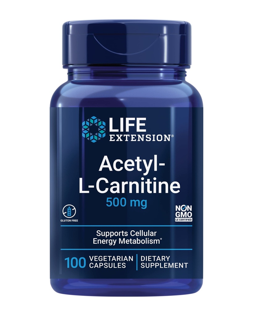 Przedłużenie życia Acetyl- L- Karnityna, Acetyl- L- Karnityna, Witamina C, Mózg, Mood & Nerve Zdrowie, Energia komórkowa, 3- Dostawa miesiąc, Gluten- Free, Non-GMO, Wegetarianin, 100 Kapsułki