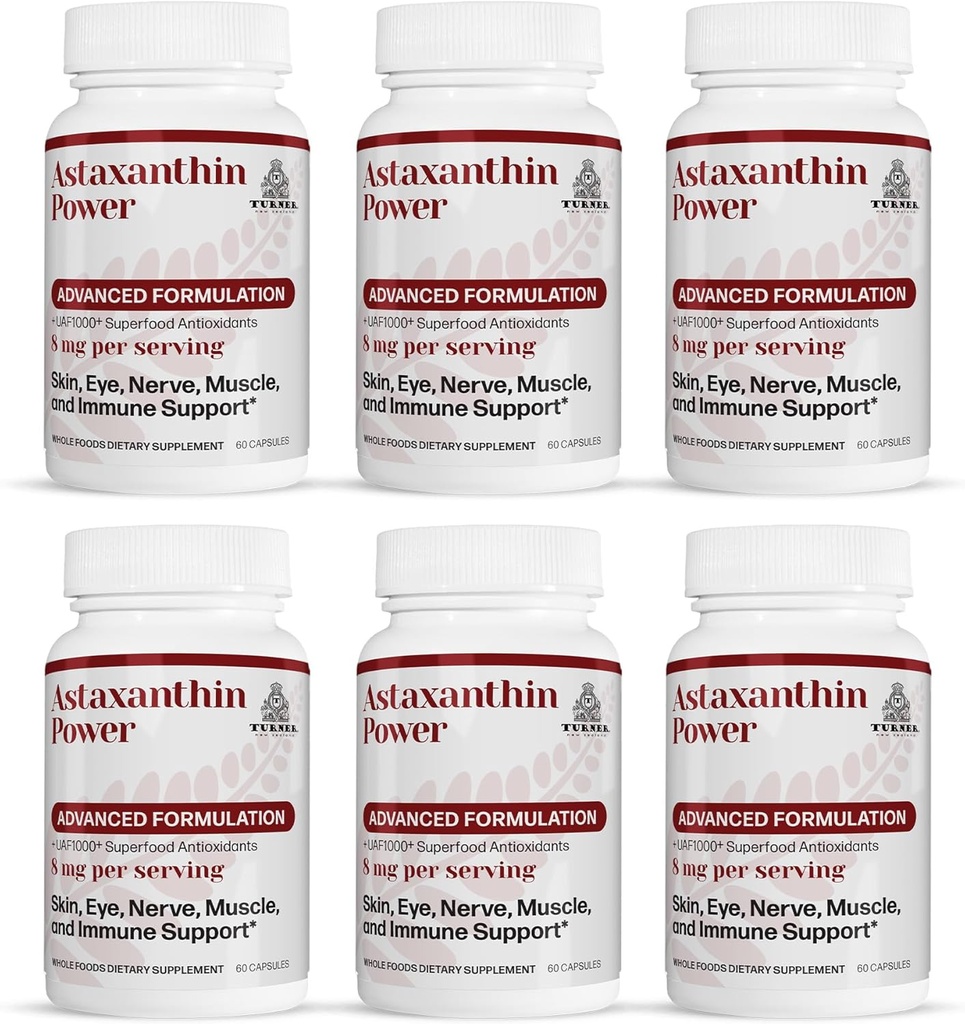 TURNER Nowa Zelandia Astaksantyna Moc z UAF1000 +, Anti-Aging, Skóra, Eye, Nerve, Odzysk mięśni, Immune Support Antioksydant Supplement, 12mg Astaksantyna, 180 Słupki, 6 Butelki