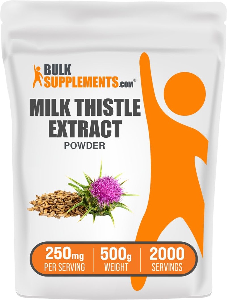 BulkSupplements.com Milk Thistle Extract Powder - Herbal Supplement, Milk Tistle Supplement - Gluten Free, 250mg per Serving, 500g (1.1 lbs) (opakowanie po 1)