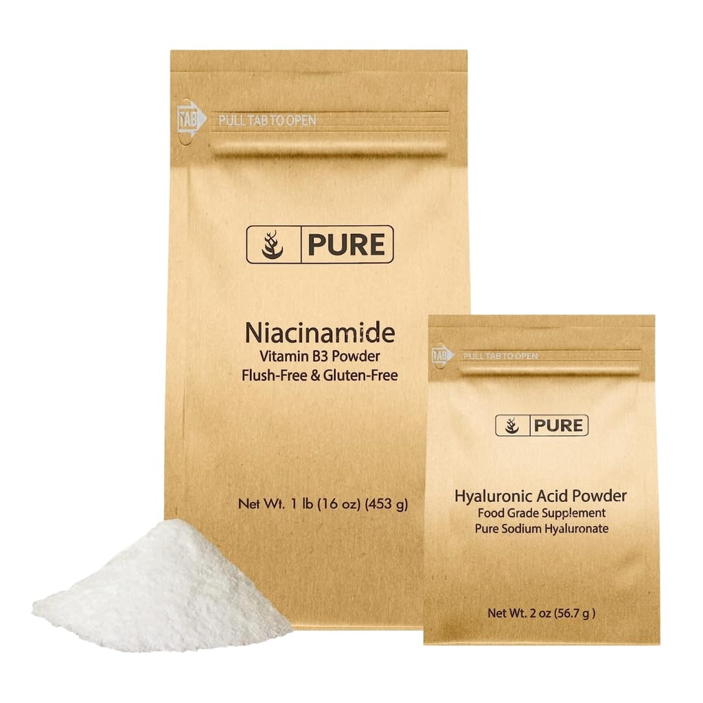 WSTRZYKIWACZE PURE Kwas hialuronowy (2 oz) i niacynamid (1 lb) Bundel, Flush- free, proszek drobny