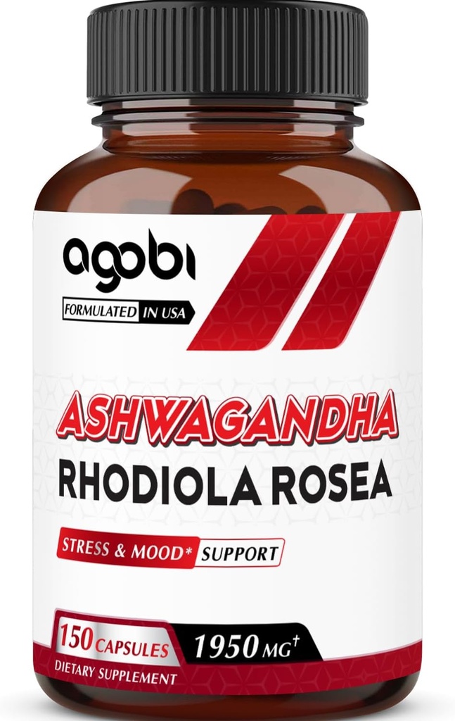 Agobi Ashwagandha Suplement z Rhodiola Rosea 1950mg - Wysoka koncentracja ekstraktu do układu immunologicznego, Siła, Produkcja energii, Skupianie & Ogólne zdrowie - 150 Kapsułki