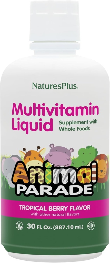 NaturesPlus Animal Parade Source of Life Liquid Multivitamine - Tropical Berry Flavor - 30 fl oz - Whole Food Supplement - Wegetarianin, Gluten- Free - 60 Servings