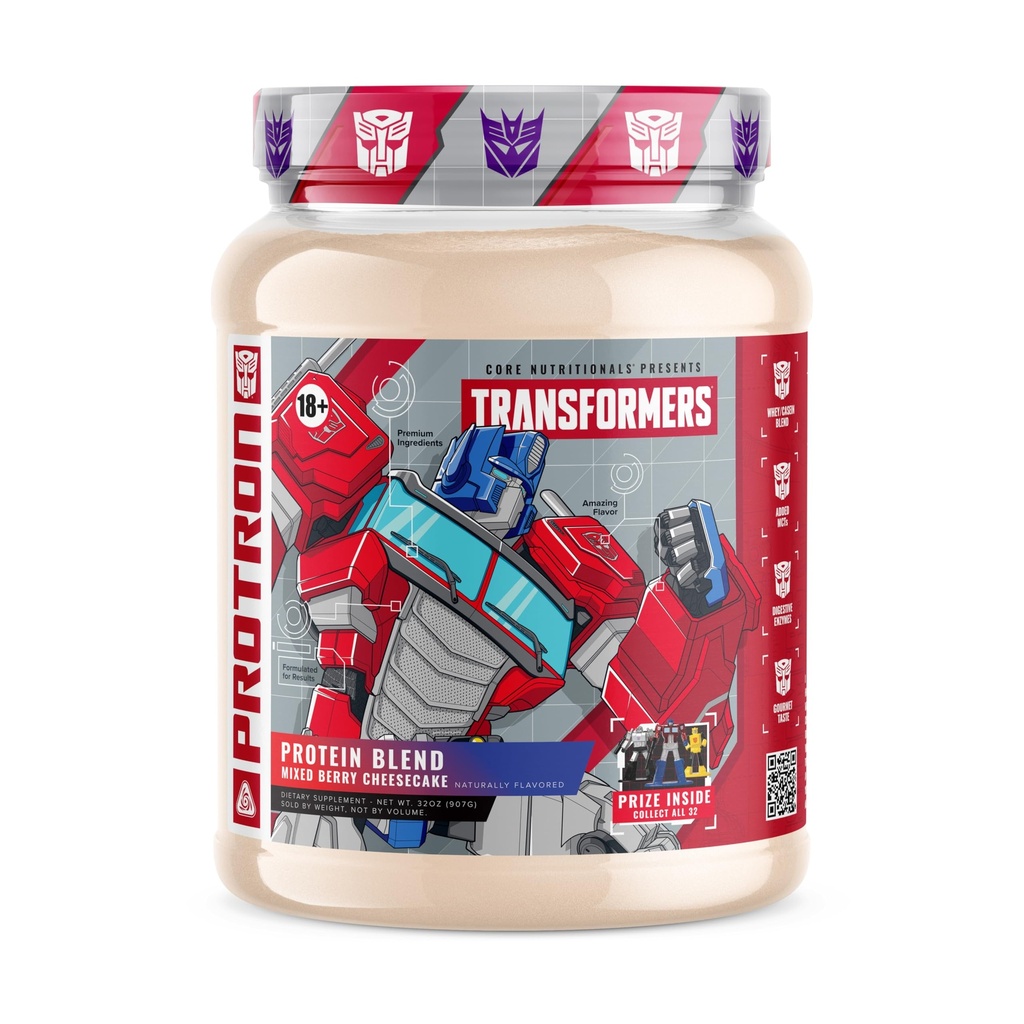 Core Nutritionals Transformers Protein Protron - 124; Serwatka + Mieszanka Casein 124; MCTs & Digestive Enzymes - 124; 25 g Protein - Inside - Optimus Prime - 124; 2 funt (Mieszany Sernik Berry)