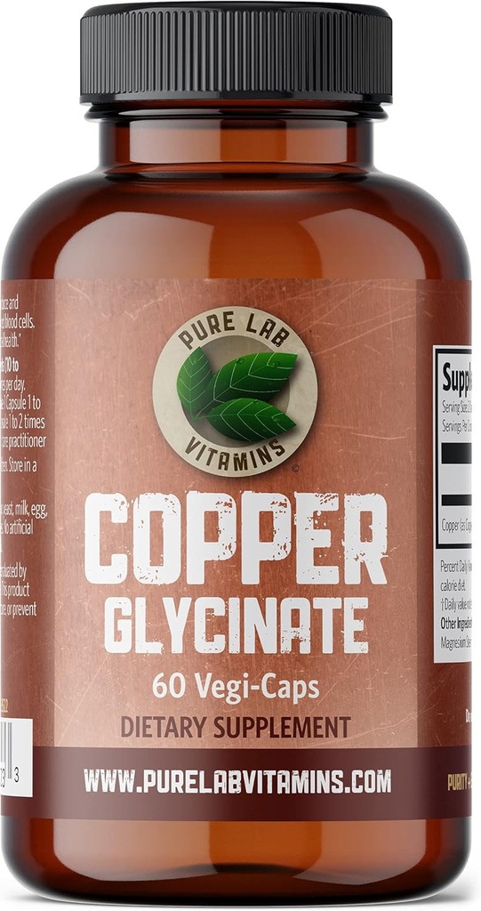 Pure Lab Witaminy Glicynian miedzi Suplement mineralny -1 mg - 60 Vegan Czapki zasadnicze dla produkcji kolagenu, Wspiera system immunologiczny i czerwonej krwi Formacja - Gluten Free Made in Canada
