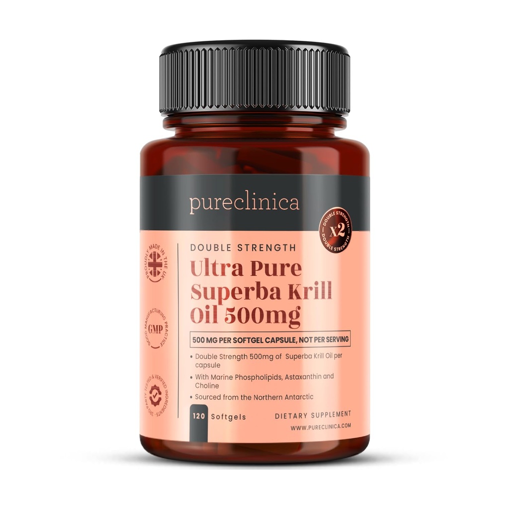 Ultra Pure Superba Krill Oil 500mg x 120 Kapsułki - zasolone w niezanieczyszczonych wodach Antarktyki zapewniając bogate dostawy Astaksantyny, Omega 3 i witaminy D