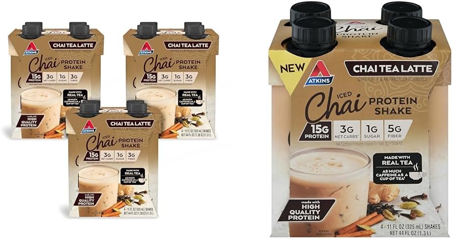 Atkins Chai Tea Latte Protein Shake Bundle z 15 g Protein, 3g Net Carb, 1g Sugar (4 Pack) Mrożone Chai Tea Latte Protein Shake