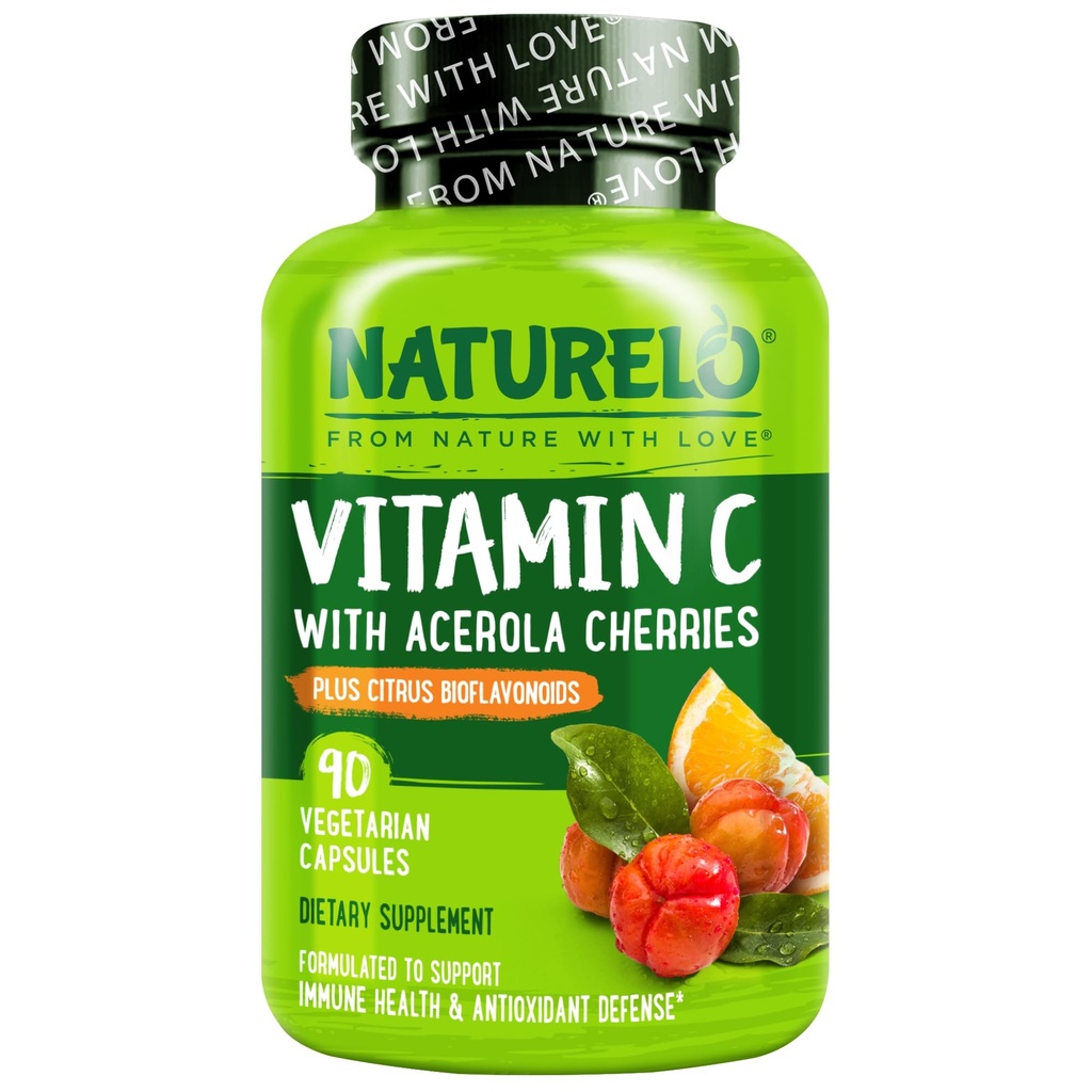 NATURELO Witamina C z organicznym ekstraktem Acerola Cherry i Citrus Bioflavonoids - Vegan Supplement - Immune Support - 500 mg VIT C per Cap - Non-GMO - 90 Kapsułki