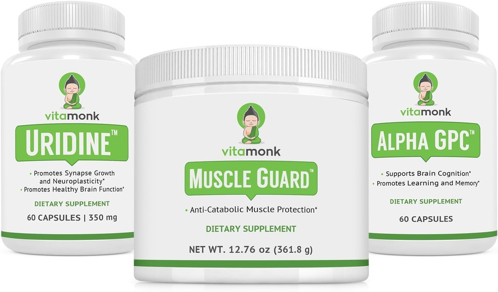 VitaMonk Muscle Guard & Alpha GPC Uridine Stock Bundle, HMB, EAA, Witamina D, Magnezu i Wspomaganie mózgu dla Focus, Clarity, i Muscle Growth