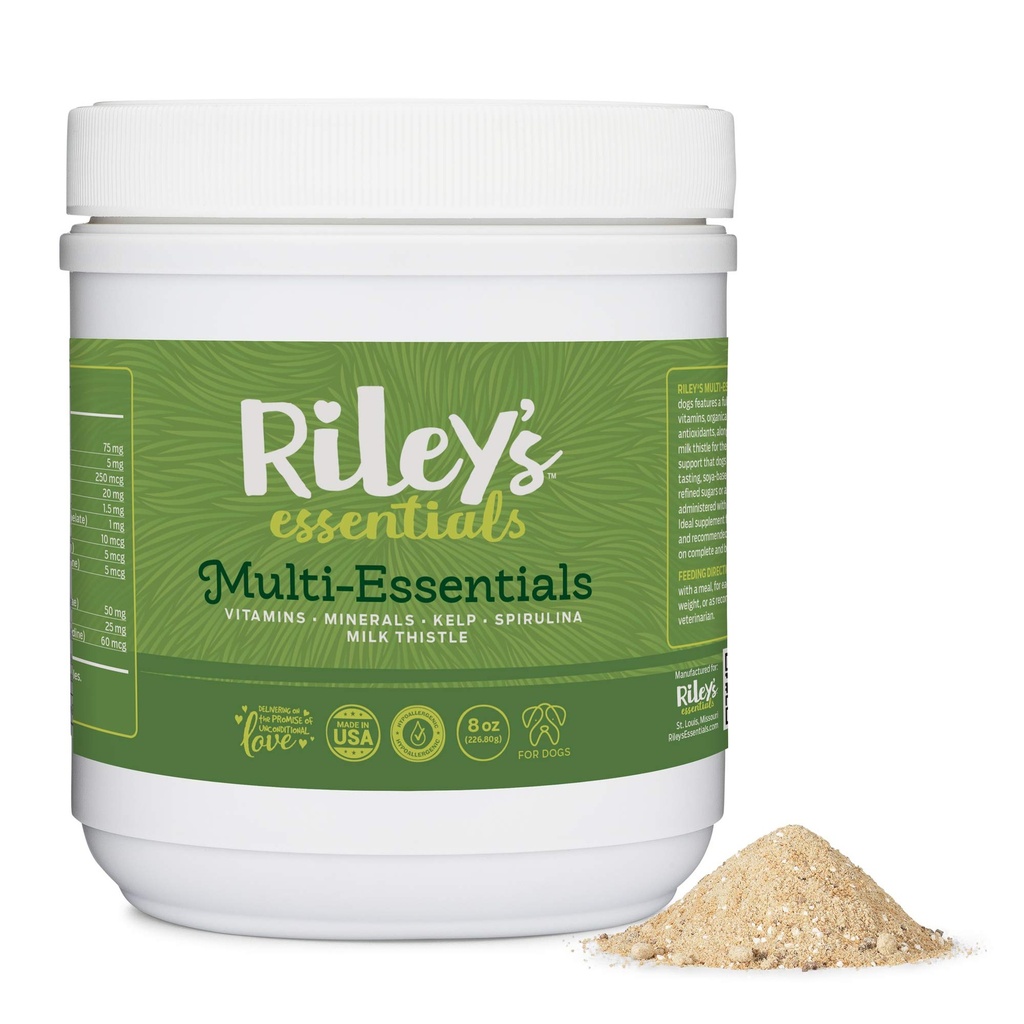 Riley 's Multi- Essentials Multi- Essentials Multivitamin for Dogs - Witaminy, Minerały, Spirulina, Kelp i Ostrze Mleczne dla Wsparcia Żywieniowego - Szczeniak i Starszy Pies Witaminy - 8oz Proszek