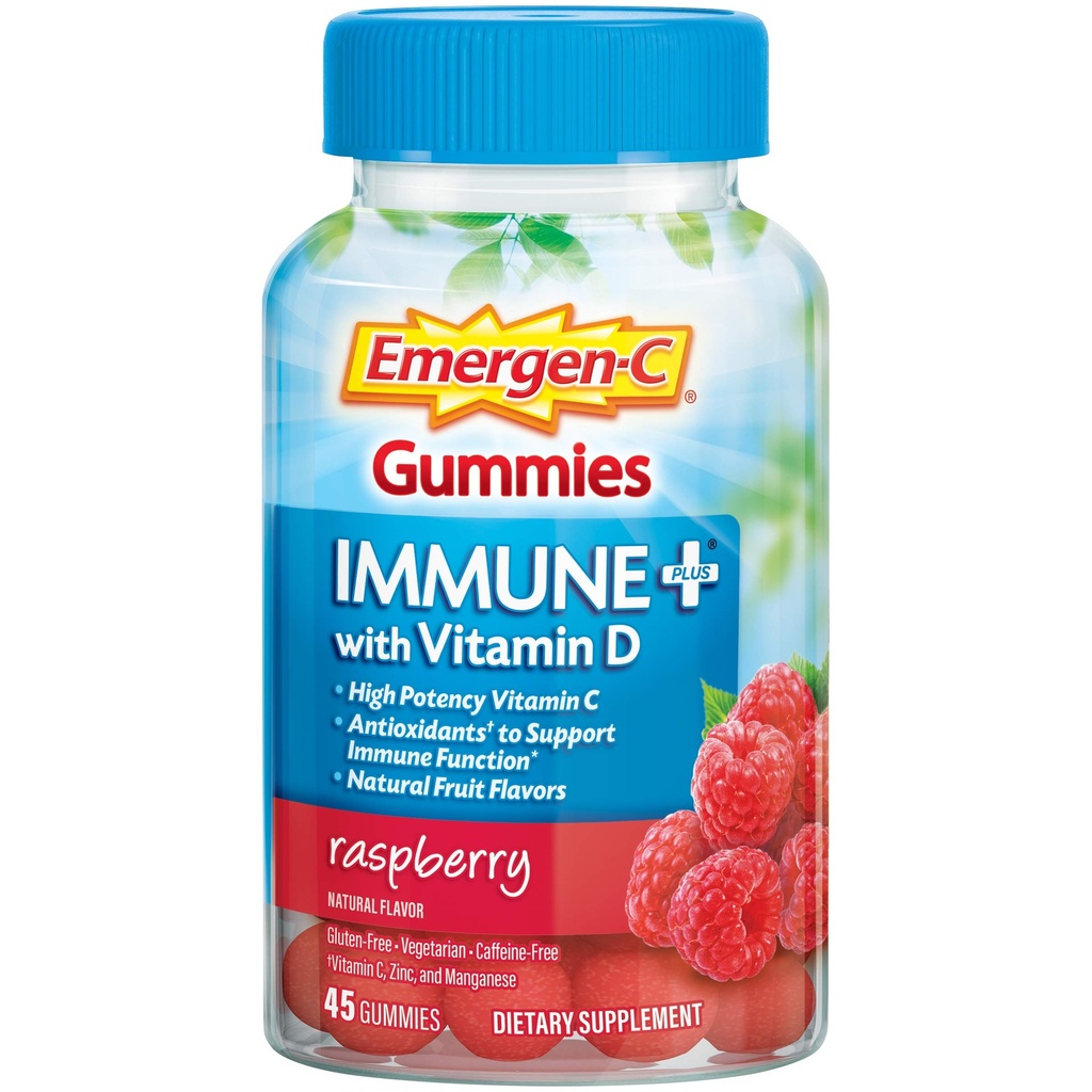 Emergen- C Immunitet + Triple Action Immune Support Gummies, BetaVia (R), 1000mg Witamina C, B Witaminy, Witamina D i przeciwutleniacze, Malina, Powrót do Szkół Essentials - 45 Hrabia
