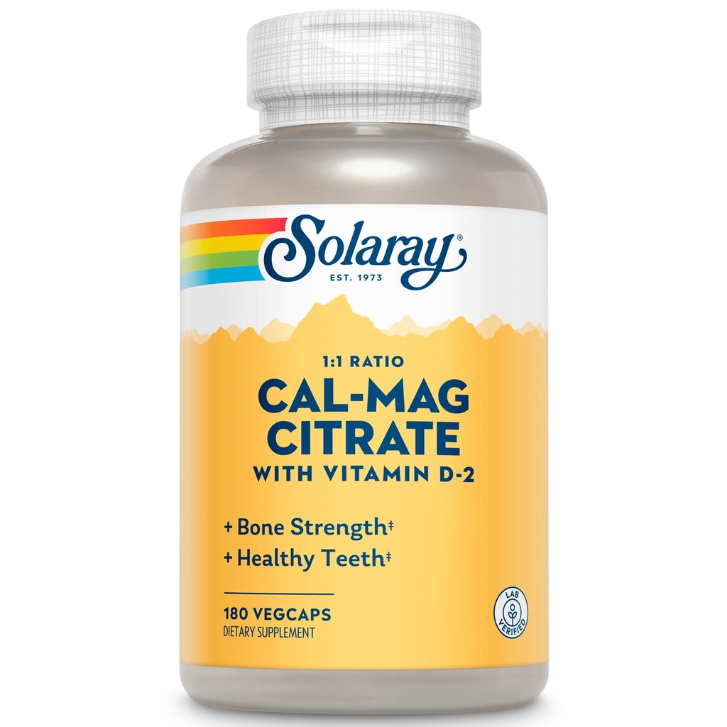 SOLARAY Magnezu wapniowego Cytrynian 1: 1 Stosunek w / Witamina D 2 - Suplementy wapnia dla kobiet i mężczyzn - Wapń 1000mg, Magnez 1000mg - Wsparcie dla zdrowia kości - 60- Day Guarantee, 30 Służenie, 180 VegCaps