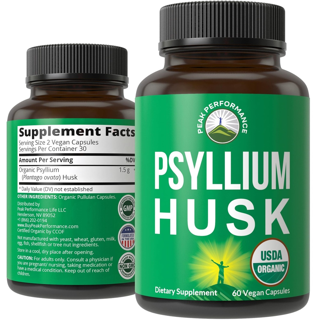 USDA Organic Psyllium Husk Vegan Kapsułki wykonane z Organic Psyllium Husk Seed. Fiber Supplement for Gut. Tabletki na trawienie, bez wzdęcia. Tabletki