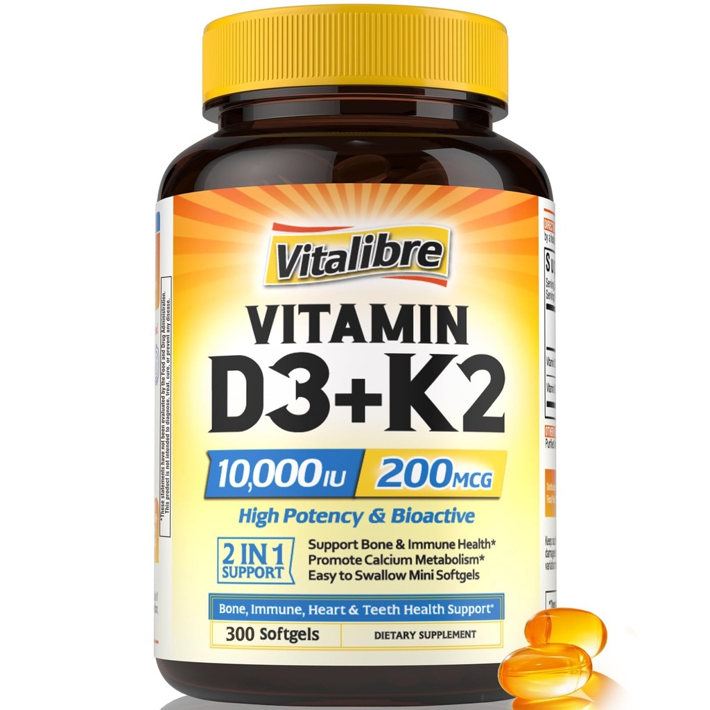 Suplement witaminy D3 K2, 10000 j.m. D3 / 200 µg K2 MK7, Wchłanianie wapnia, kość, serce, wsparcie immunologiczne i nastrojowe, Zwiększona absorpcja, brak soi, Łatwe połykanie, 300 Softgeli