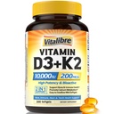 Suplement witaminy D3 K2, 10000 j.m. D3 / 200 µg K2 MK7, Wchłanianie wapnia, kość, serce, wsparcie immunologiczne i nastrojowe, Zwiększona absorpcja, brak soi, Łatwe połykanie, 300 Softgeli
