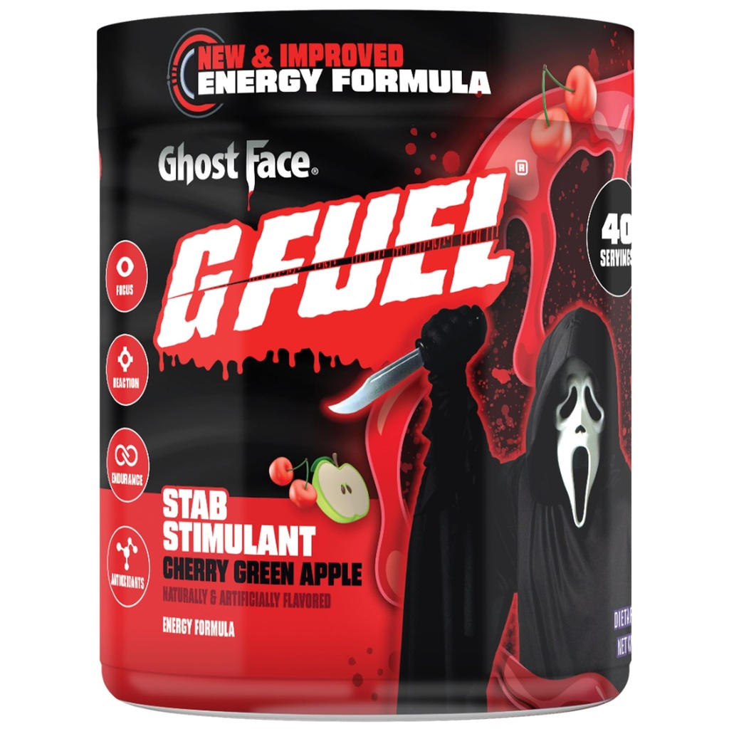 G Paliwo Ghost Face Energy Drink Powder, Przed treningiem Kofeina Mix do gry, Bez cukru Amino, Witamina + Przeciwutleniacze, 9.9oz (Cherry Green Apple, 40 Służenie)