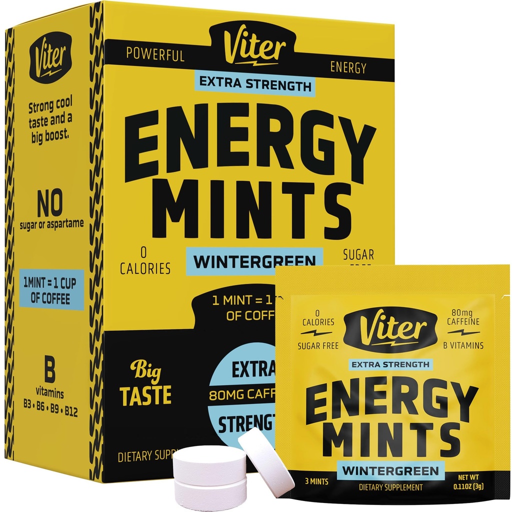 Mieszanki kofeiny Viter Energy 80mg Extra Strength - 90 kawałków kofeiny z witaminami B. Sugar Free Vegan Breath Mint. Energize Nootropic Focus Booster for Fast Alertness (Wintergreen Flavor, 30 Pack)