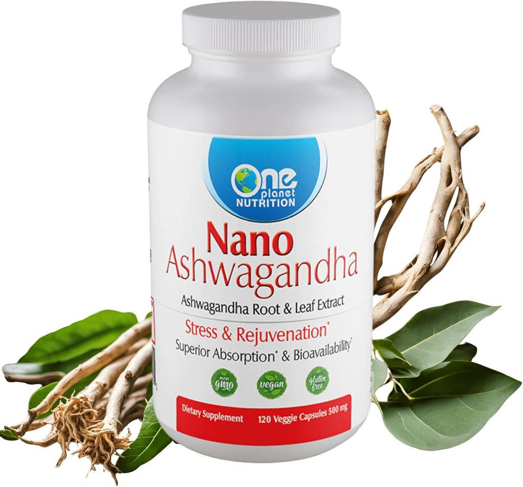 One Planet Nutrition Nano Ashwagandha Root & Leaf 500 mg Kapsułki wegetariańskie (120 Servings), 10: 1 Extract, Wspiera hormon i funkcje neurologiczne dla Stress Relief, Non-GMO, Wegan, Gluten- Free