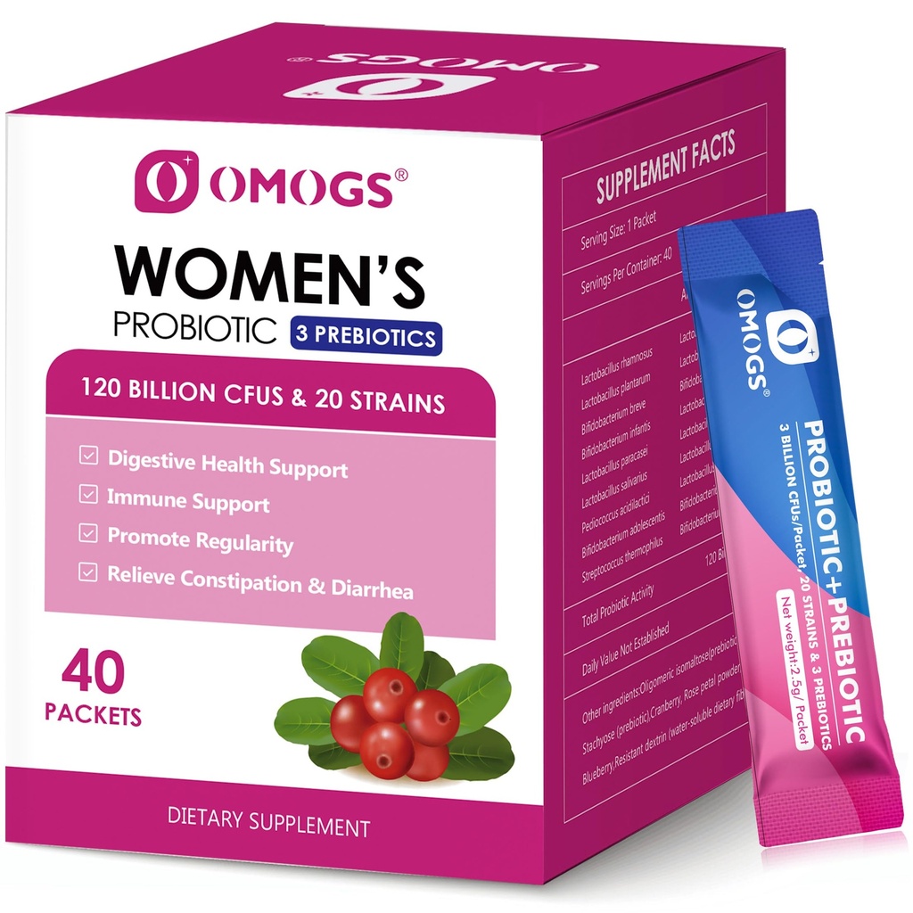 OMOGS Kobiecy Probiotyk, 120- Mililion- CFU, 18 Szczepów, z 3 Prebiotyki i ekstrakt żurawinowy, Pomoc dla immunologicznego booster, Digestive Health, Gut Health i zdrowia pochwy