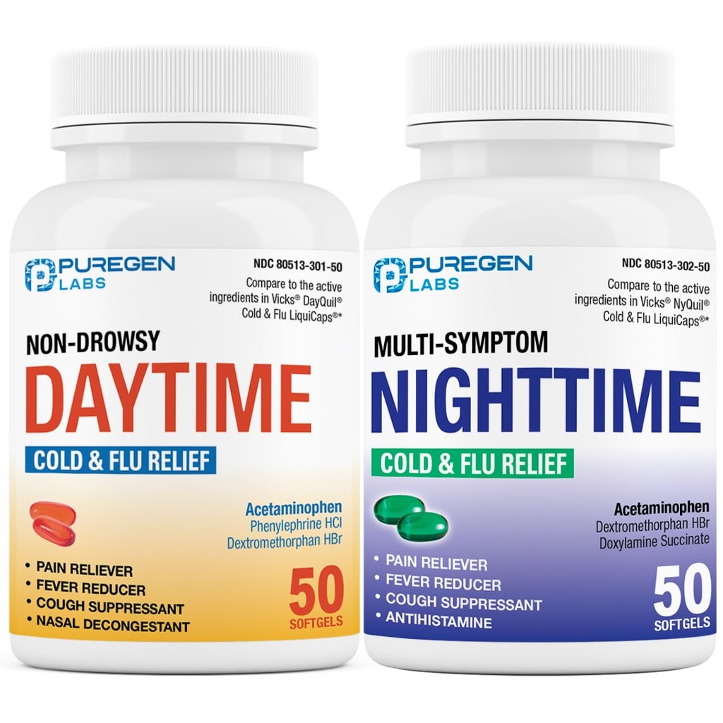 Puregen Labs Daytime i Nighttime Combo Pack, Cold and Flu Relief Medicine 124; Potężny Multi- Symptom Daytime i Nighttime Relief for Headache, Gorączka, Ból gardła, kaszel, Zatory i Aches