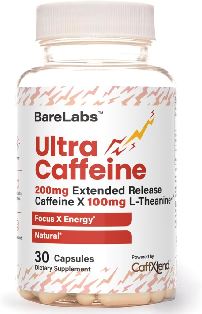 Ultra tabletki kofeinowe + 200mg przedłużone wydawnictwo + L- Theanine for Energy & Focus + No Jitters, No Crash + Natural Caepture Supplement - 30 kapsułki