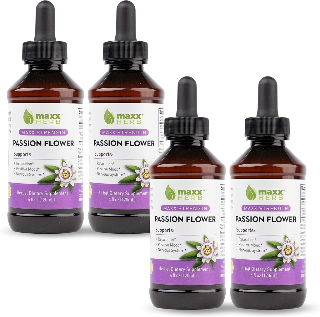 Ekstrakt Maxx Herb Passion Flower - Max Siła Passion- Flower Liquid Absorbs Better Niż Kapsułki, dla Relaks i Relief Stress, Bez alkoholu - 4 Butelki, 4 Oz Każdy (240 Servings)