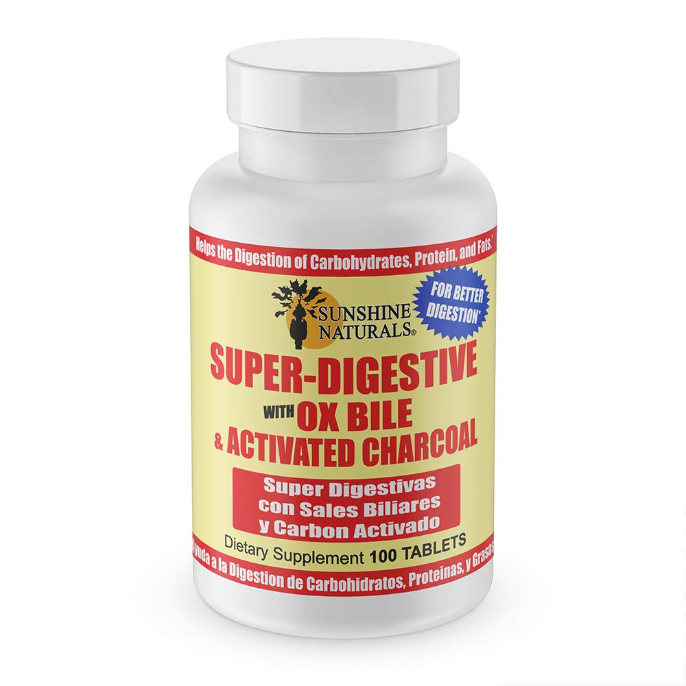 Sunshine Naturals Super suplement diety. Ox Bile & Aktywowany Węgiel Węglowy do wsparcia trawiennego, Bloating Relief, Gut Cleanse, Wchłanianie odżywcze, i Promotes ogólne Wellness. 100 tabletek.