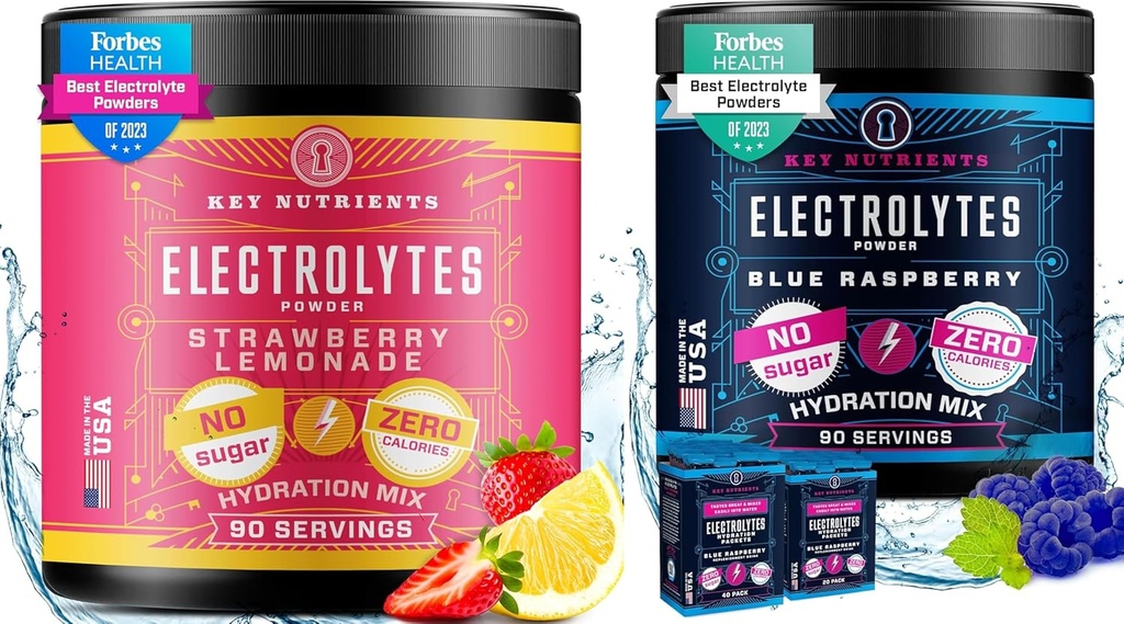 KLUCZOWE NUTRIMENTY Elektrolity Proszek Ultimate Hydration & Wellness Bundle - Juice Truskawka Lemoniada & Sweet Blue Raspberry Electrolyte proszki - Zero cukru, Keto- Przyjazny, 90 Słupki każdy