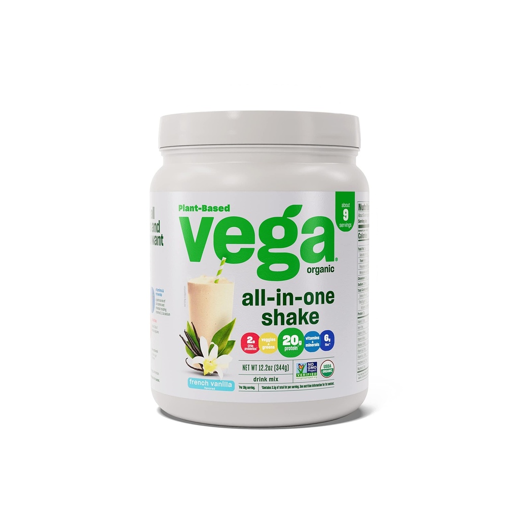Vega Organic All- in- One Vegan Protein Powder, French Vanilla -Superfood Ingredients, Witaminy do wspierania odporności, Keto Friendly, Pea Protein for Women & Men, 12.2 oz (Packaging May Vary)